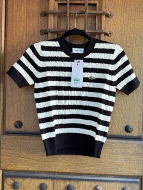 Lacoste Black  & White Striped Short Sleeve Knit Top Size S, M, L